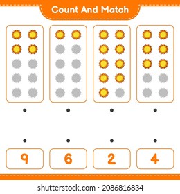 Count and match, count the number of Sun and match with the right numbers. Educational children game, printable worksheet, vector illustration