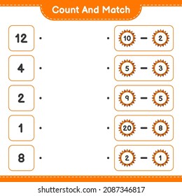 Count and match, count the number of Sun and match with the right numbers. Educational children game, printable worksheet, vector illustration