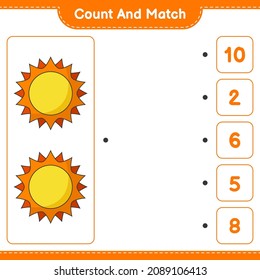 Count and match, count the number of Sun and match with the right numbers. Educational children game, printable worksheet, vector illustration