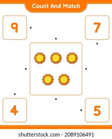 Count and match, count the number of Sun and match with the right numbers. Educational children game, printable worksheet, vector illustration