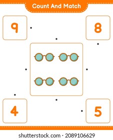 Contar y coincidir, contar el número de gafas de sol y coincidir con los números correctos. Juego infantil educativo, hoja de cálculo imprimible, ilustración vectorial