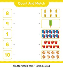 Cuenta y coincide, cuenta el número de pantalla solar, helado, pasaporte, cubo de arena, paraguas y concuerda con los números correctos. Juego infantil educativo, hoja de cálculo imprimible, ilustración vectorial