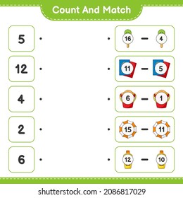 Count and match, count the number of Sunscreen, Ice Cream, Passport, Sand Bucket, Umbrella and match with the right numbers. Educational children game, printable worksheet, vector illustration