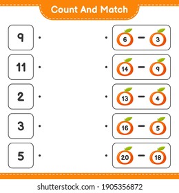 Contar y coincidir, contar el número de Tangerin y coincidir con los números correctos. Juego infantil educativo, hoja de cálculo imprimible, ilustración vectorial