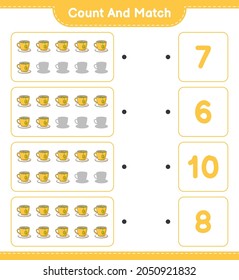 Count and match, count the number of Tea Cup and match with the right numbers. Educational children game, printable worksheet, vector illustration