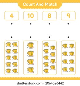 Cuenta y cotúa, cuenta el número de Tea Cup y concuerda con los números correctos. Juego infantil educativo, hoja de cálculo imprimible, ilustración vectorial
