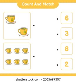 Count and match, count the number of Tea Cup and match with the right numbers. Educational children game, printable worksheet, vector illustration