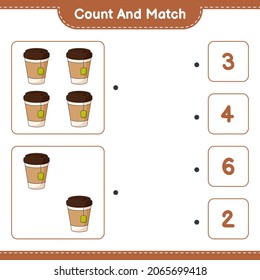 Cuenta y cotúa, cuenta el número de Tea Cup y concuerda con los números correctos. Juego infantil educativo, hoja de cálculo imprimible, ilustración vectorial