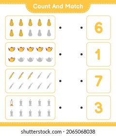 Count and match, count the number of Teapot, Candle, Butternut Squash, Umbrella and match with the right numbers. Educational children game, printable worksheet, vector illustration