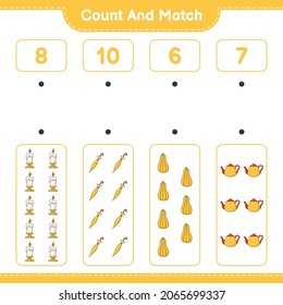 Count and match, count the number of Teapot, Candle, Butternut Squash, Umbrella and match with the right numbers. Educational children game, printable worksheet, vector illustration