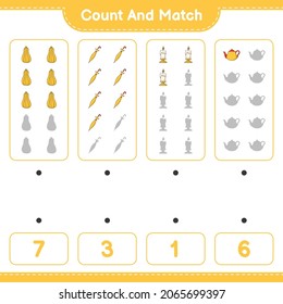 Count and match, count the number of Teapot, Candle, Butternut Squash, Umbrella and match with the right numbers. Educational children game, printable worksheet, vector illustration
