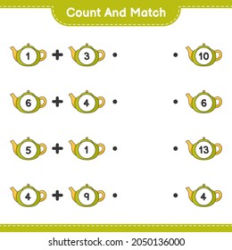 Count and match, count the number of Teapot and match with the right numbers. Educational children game, printable worksheet, vector illustration