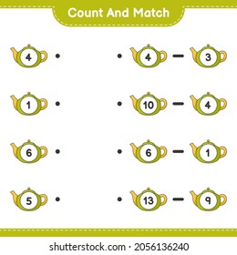 Count and match, count the number of Teapot and match with the right numbers. Educational children game, printable worksheet, vector illustration