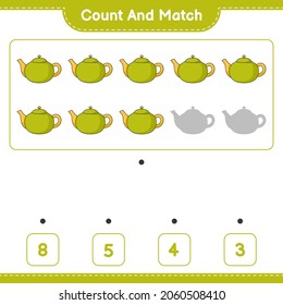 Count and match, count the number of Teapot and match with the right numbers. Educational children game, printable worksheet, vector illustration
