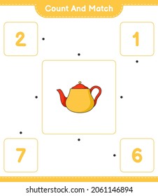 Contar y coincidir, contar el número de Tetera y coincidir con los números correctos. Juego infantil educativo, hoja de cálculo imprimible, ilustración vectorial