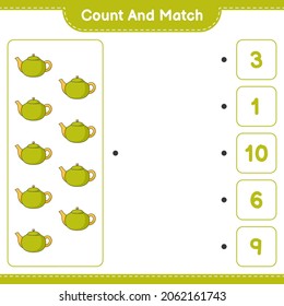 Contar y coincidir, contar el número de Tetera y coincidir con los números correctos. Juego infantil educativo, hoja de cálculo imprimible, ilustración vectorial