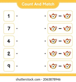 Count and match, count the number of Teapot and match with the right numbers. Educational children game, printable worksheet, vector illustration