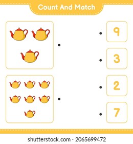 Contar y coincidir, contar el número de Tetera y coincidir con los números correctos. Juego infantil educativo, hoja de cálculo imprimible, ilustración vectorial