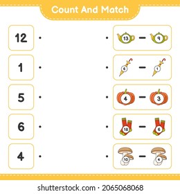 Count and match, count the number of Teapot, Umbrella, Pumpkin, Socks, Shiitake and match with the right numbers. Educational children game, printable worksheet, vector illustration