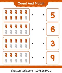 Contar y coincidir, contar el número de Oso de Teddy y coincidir con los números correctos. Juego infantil educativo, hoja de cálculo imprimible, ilustración vectorial