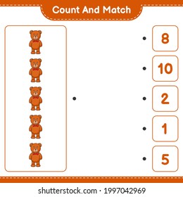 Contar y coincidir, contar el número de Oso de Teddy y coincidir con los números correctos. Juego infantil educativo, hoja de cálculo imprimible, ilustración vectorial