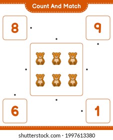 Zählen Sie und stimmen Sie ab, zählen Sie die Anzahl der Teddy-Bären und stimmen Sie mit den richtigen Zahlen überein. Kinderspiel, druckbares Arbeitsblatt, Vektorgrafik