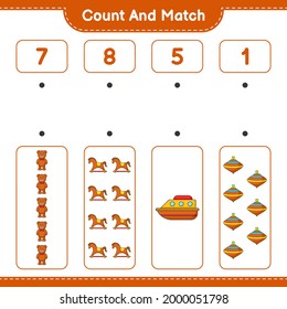 Count and match, count the number of Teddy Bear, Rocking Horse, Boat, Whirligig Toy and match with the right numbers. Educational children game, printable worksheet, vector illustration