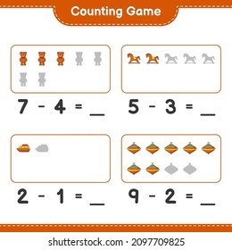Count and match, count the number of Teddy Bear, Rocking Horse, Boat, Whirligig Toy and match with the right numbers. Educational children game, printable worksheet, vector illustration