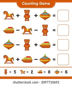 Count and match, count the number of Teddy Bear, Rocking Horse, Boat, Whirligig Toy and match with the right numbers. Educational children game, printable worksheet, vector illustration