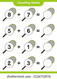 Count and match, count the number of Tennis Racket and match with the right numbers. Educational children game, printable worksheet, vector illustration