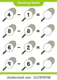 Count and match, count the number of Tennis Racket and match with the right numbers. Educational children game, printable worksheet, vector illustration