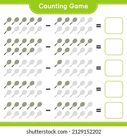 Contar y hacer coincidir, contar el número de raqueta de tenis y coincidir con los números correctos. Juego infantil educativo, hoja de cálculo imprimible, ilustración vectorial