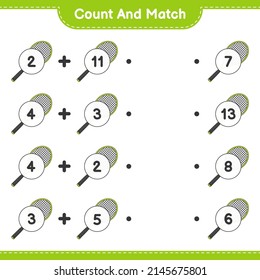 Contar y hacer coincidir, contar el número de raqueta de tenis y coincidir con los números correctos. Juego infantil educativo, hoja de cálculo imprimible, ilustración vectorial