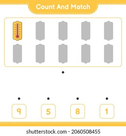 Contar y coincidir, contar el número de termómetro y coincidir con los números correctos. Juego infantil educativo, hoja de cálculo imprimible, ilustración vectorial