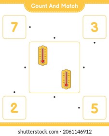 Zählen Sie die Anzahl der Thermometer und passen Sie mit den richtigen Zahlen. Kinderspiel, druckbares Arbeitsblatt, Vektorgrafik