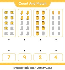 Cuenta y coteja, cuenta el número de termómetro, botas de goma, Té Cup, Jam y concuerda con los números correctos. Juego infantil educativo, hoja de cálculo imprimible, ilustración vectorial