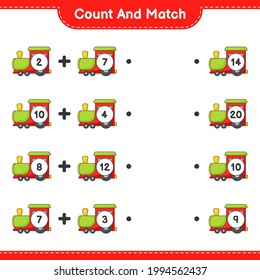 Contar y coincidir, contar el número de tren y coincidir con los números correctos. Juego infantil educativo, hoja de cálculo imprimible, ilustración vectorial