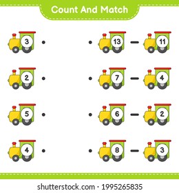 Contar y coincidir, contar el número de tren y coincidir con los números correctos. Juego infantil educativo, hoja de cálculo imprimible, ilustración vectorial