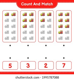 Contar y coincidir, contar el número de tren y coincidir con los números correctos. Juego infantil educativo, hoja de cálculo imprimible, ilustración vectorial