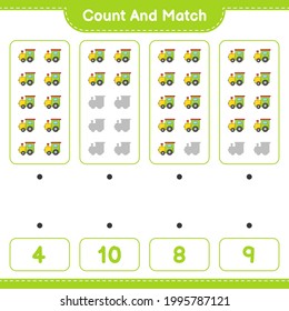 Contar y coincidir, contar el número de tren y coincidir con los números correctos. Juego infantil educativo, hoja de cálculo imprimible, ilustración vectorial