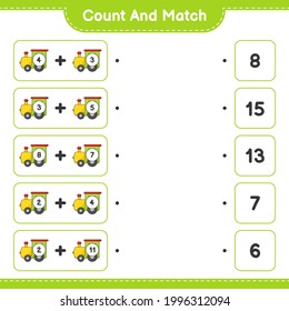 Contar y coincidir, contar el número de tren y coincidir con los números correctos. Juego infantil educativo, hoja de cálculo imprimible, ilustración vectorial