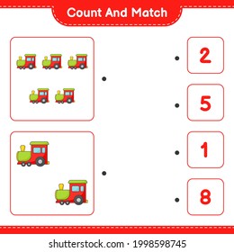 Contar y coincidir, contar el número de tren y coincidir con los números correctos. Juego infantil educativo, hoja de cálculo imprimible, ilustración vectorial