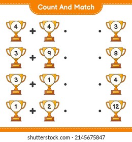 Contar y coincidir, contar el número de trofeo y coincidir con los números correctos. Juego infantil educativo, hoja de cálculo imprimible, ilustración vectorial