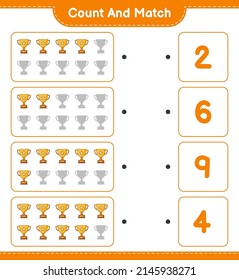 Contar y coincidir, contar el número de trofeo y coincidir con los números correctos. Juego infantil educativo, hoja de cálculo imprimible, ilustración vectorial