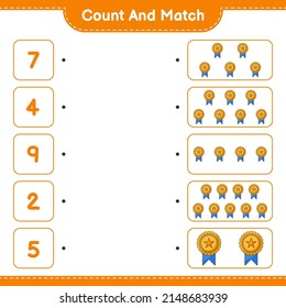 Contar y coincidir, contar el número de trofeo y coincidir con los números correctos. Juego infantil educativo, hoja de cálculo imprimible, ilustración vectorial