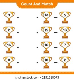 Contar y coincidir, contar el número de trofeo y coincidir con los números correctos. Juego infantil educativo, hoja de cálculo imprimible, ilustración vectorial