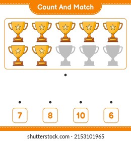 Contar y coincidir, contar el número de trofeo y coincidir con los números correctos. Juego infantil educativo, hoja de cálculo imprimible, ilustración vectorial