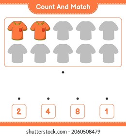 Count and match, count the number of T-shirt and match with the right numbers. Educational children game, printable worksheet, vector illustration