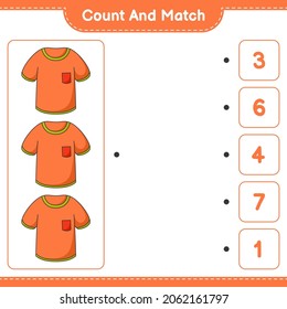 Count and match, count the number of T-shirt and match with the right numbers. Educational children game, printable worksheet, vector illustration