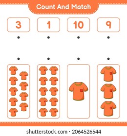Count and match, count the number of T-shirt and match with the right numbers. Educational children game, printable worksheet, vector illustration